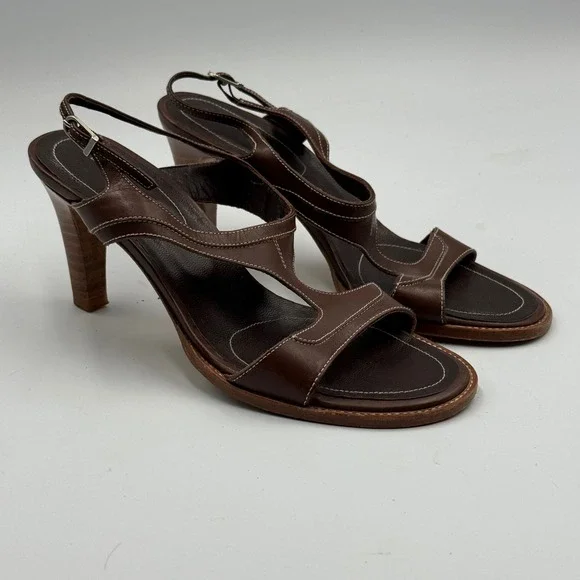 Banana Republic Leather Heeled Sandals Brown Slingback T Strap Women's 5.5M Y2K - Picture 1 of 5